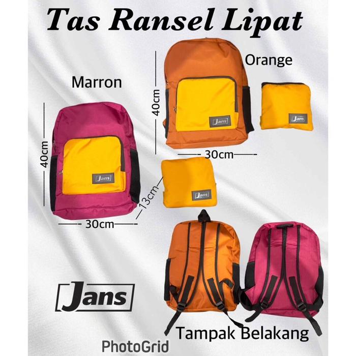 Tas Ransel bisa dilipat , desain praktis untuk harian , sekolah , olah raga dll. Ada 2 warna varian 