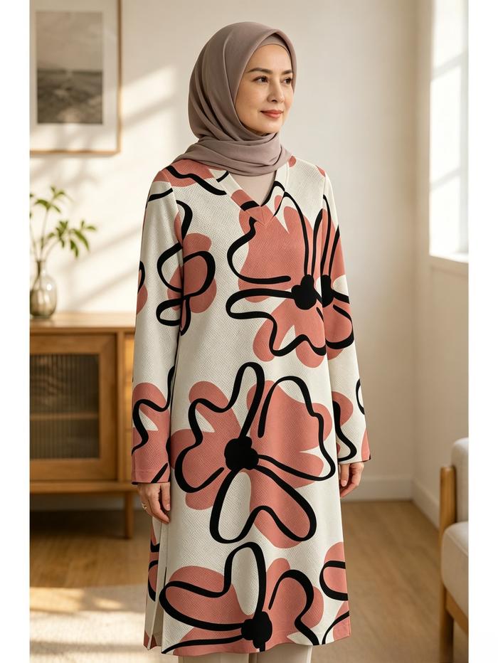Dress Tidur Wanita Lengan Panjang Leher V Motif Bunga Sketsa Abstrak, Full Printing 3D Menyeluruh, B