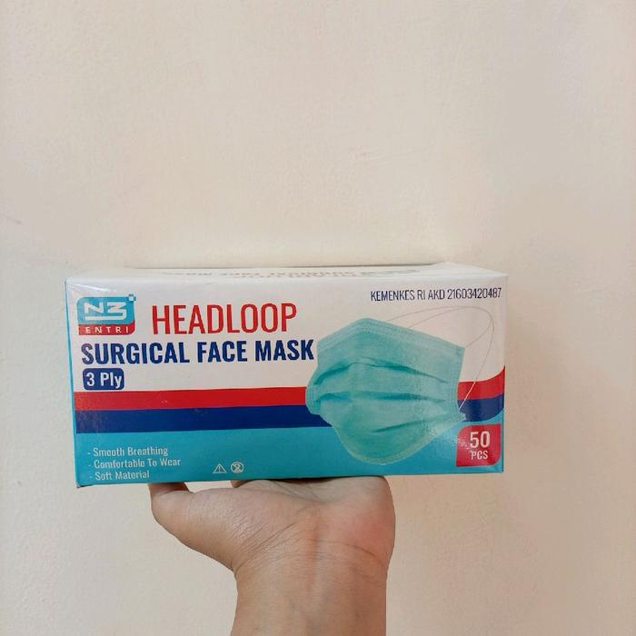 masker hijab HEADLOOP SURGICAL FACE MASK 3ply isi 50pcs/box melindungi saluran pernapasan dari debu 