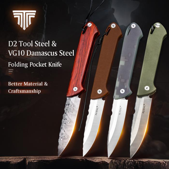 TRIVISA Folding Pocket Knife Damascus D2 Blade Rosewood G10 Handle