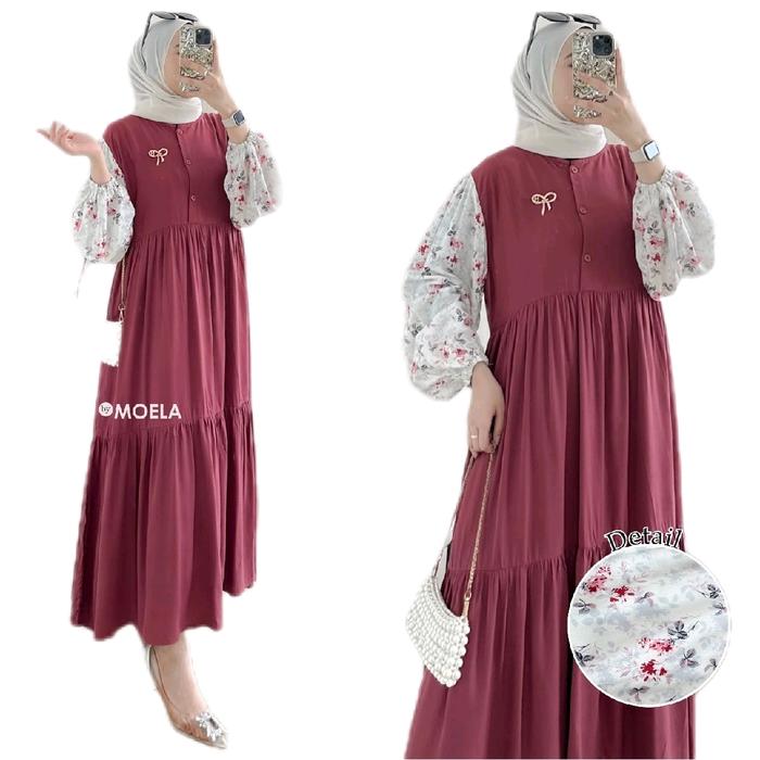 Moela Dress Midi Ilafe Motif Kombinasi Rayon Premium Dewasa Kekinian Muslim Wanita Gamis Midi Lebara