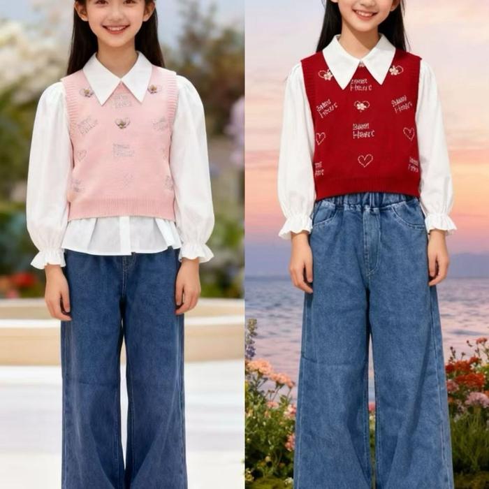 One Set Rajut 3in1 Super kece dan kekinian Fashion anak perempuan Import dengan Vest dan Celana Jean