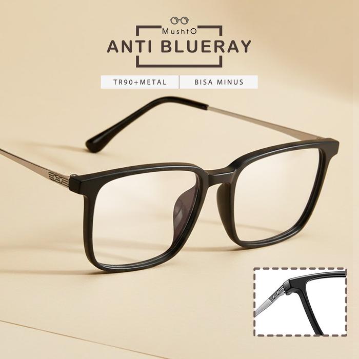 Mushto Kacamata Antiradisi Blueray Bentuk Kotak Bahan TR90+Metal Unisex Bisa Untuk Pria Wanita Dan B