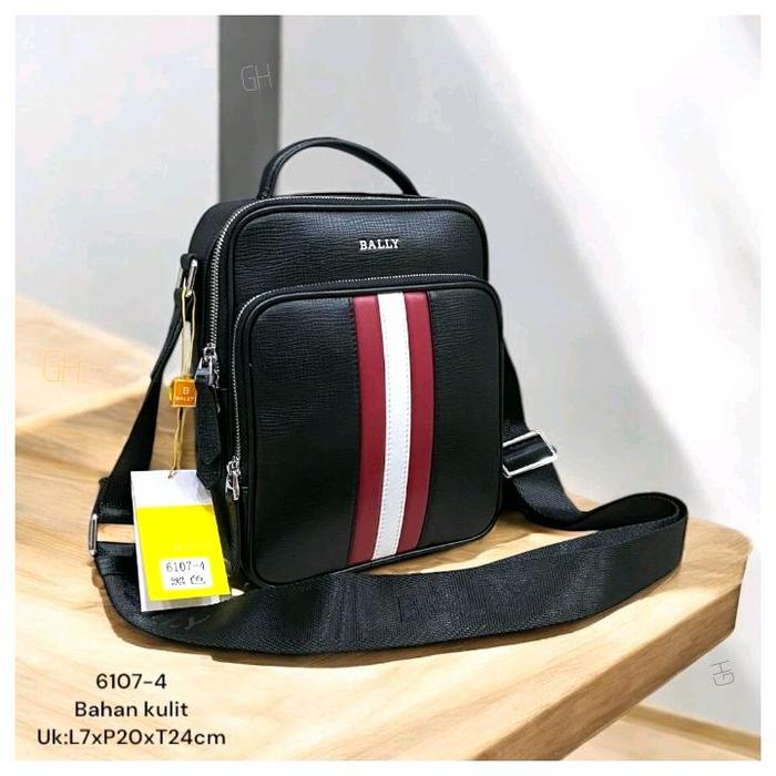 BALLY TAS SELEMPANG PRIA KULIT DENGAN DESAIN STRIPES HITAM MERAH PUTIH SLINGBAG MIRROR