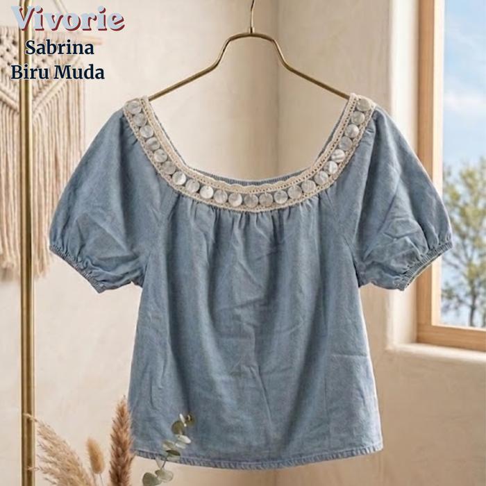 Vivorie Baju Sabrina Wanita Biru Muda Blouse Sabrina Atasan Wanita