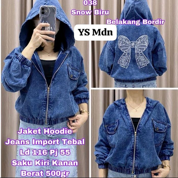 YS Mdn Jaket Hoodie Jeans Import Tebal 038 Snow Biru Belakang Bordir Ld 116 Pj 55 Saku Kiri Kanan Be