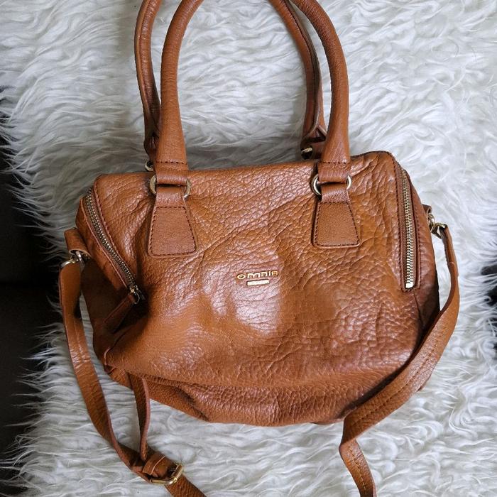 Tas Satchel kulit gajah Omnia Preloved / Warna coklat lengkap tali panjang bawaan berziper