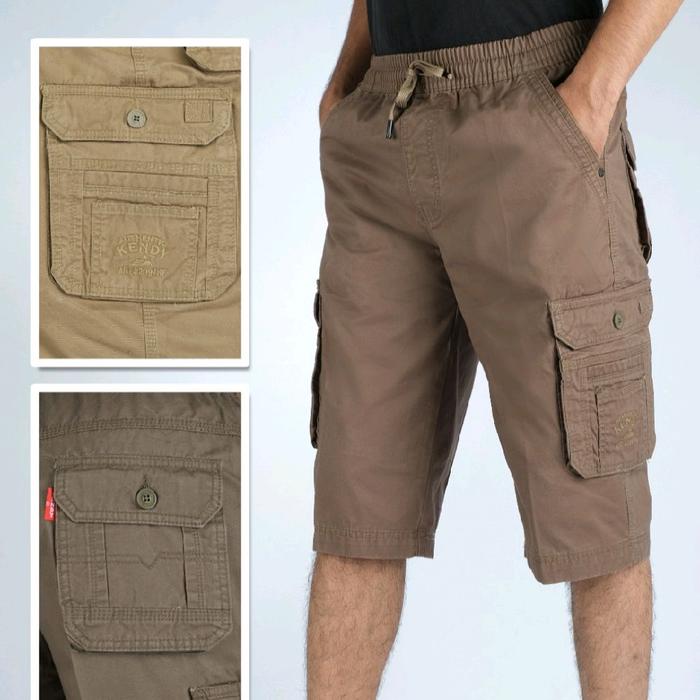 Celana Kendy Cargo pendek pria pinggang karet warna hitam paremium
