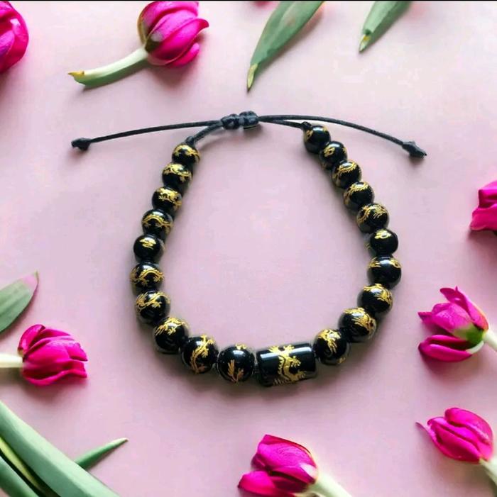 Gelang serut Magnet Kesehatan Pria & Wanita Jade Stone Full Ukir Naga Gold Asli Fengshui Bracelets g
