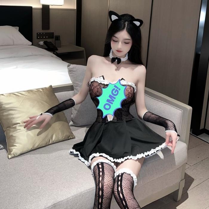 Set Lingerie Model Body Stocking Lengkap Kostum Maid Hitam