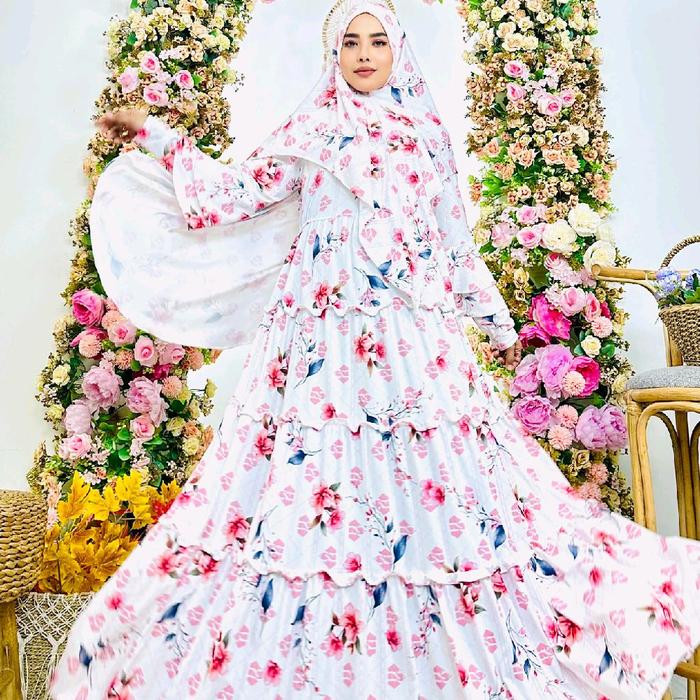 set syari Gamis pesta by haziqa printing sublime bahan jersey premium melar sampe ld 125cm all size