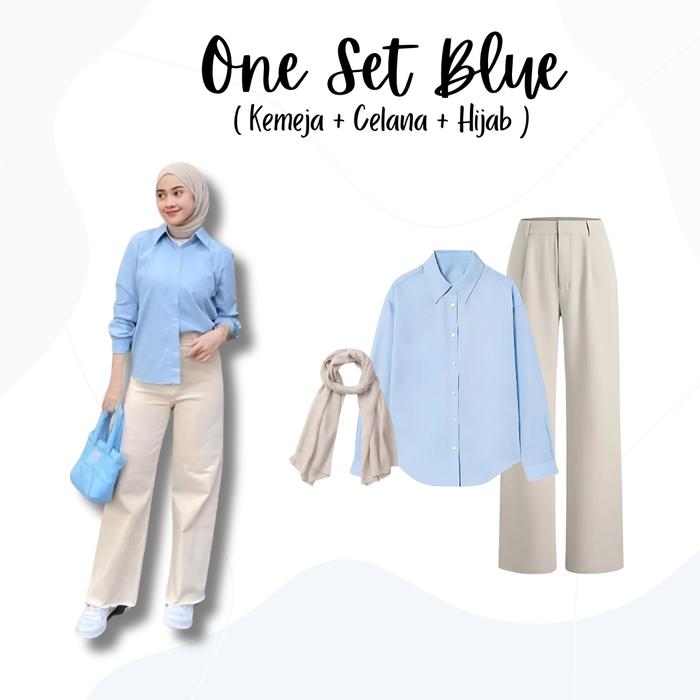 One Set 3in1 Kemeja Celana Hijab Pashmina | outfit kantor SK74