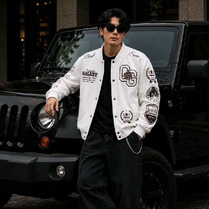 Varsity Jacket Full Cotton Cosmic Galaxy White Blackseven | Full Bordir Jaket Couple Pria Wanita Ori