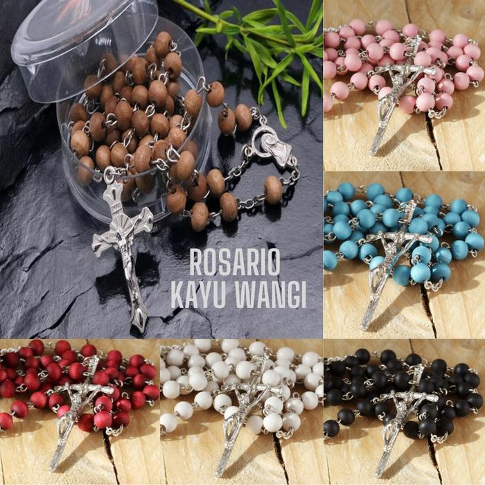 Rosario Kayu Wangi Aksesoris Katolik Kalung Doa Maria Asli Aroma Warna Merah Putih Coklat Hitam Biru