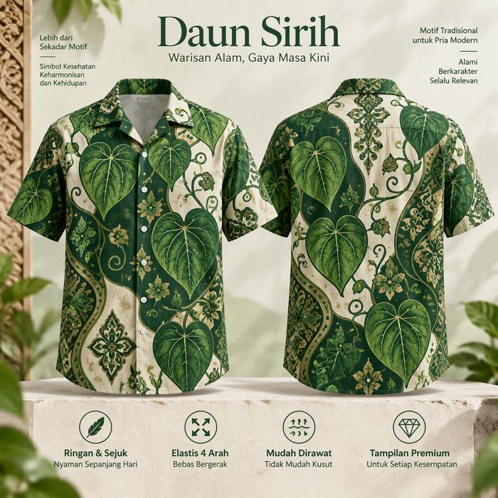 Kemeja Batik Pria Lengan Pendek Motif 3D Daun Sirih Hijau Tradisional, Potongan Regular Fit Nyaman d