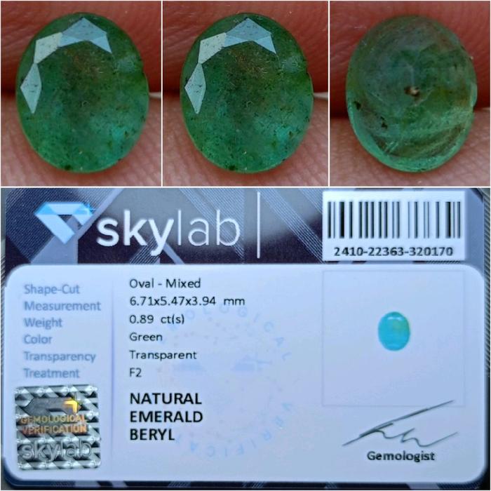 Natural Emerald Beryl 0.89 Carats F2 (Treatment Normal Oiled) Green Memo SKYLAB