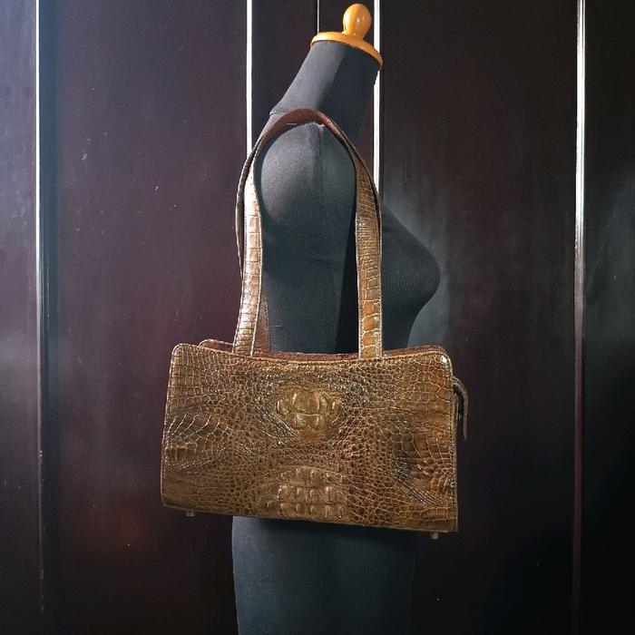 Shoulder Bag / Tas Bahu Dengan Long Handle Kulit Asli Croco Brown Genuine Leather Preloved/second