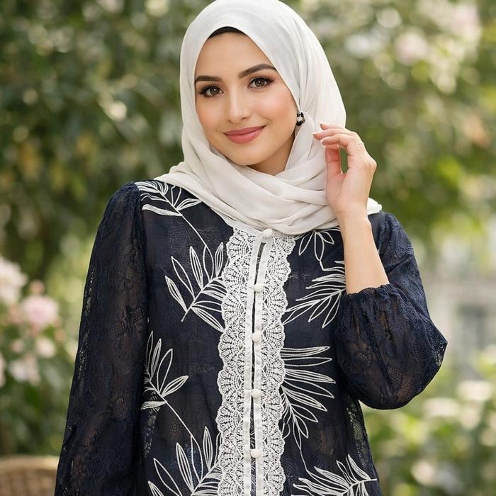 Atasan Outer Tunik Muslim Tile Transparan motif daun long sleeve dengan Desain Elegan dan Nyaman