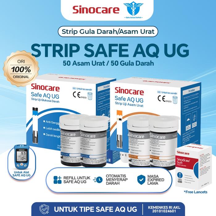 Refill Strip Sinocare Safe AQ UG – 50 Strip Glukosa / Asam Urat + Lancet | 0.6 µL