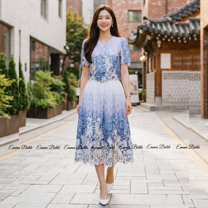 Emma.Butik E00705 Setrok Brukat Wanita Setelan Rok Midi Floral Pesta Kondangan Gereja Lengan Pendek