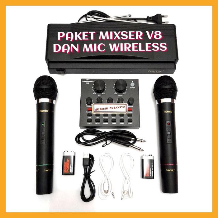 paket alat karoke sound card v8 dan mic homic wireless mic sudah termasuk batrai tinggal pake