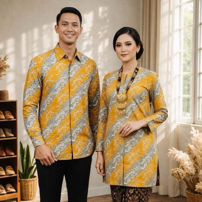 Batik Kemeja Pria dan wanita bahan katun premium lapisan trikot warna kuning kunyit