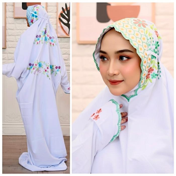 MUKENA DEWASA PUTIH TERUSAN BORDIR MOTIF BUNGA SAKURA HITAM | MUKENA LAJURAN/LANGSUNGAN PANJANG SANT