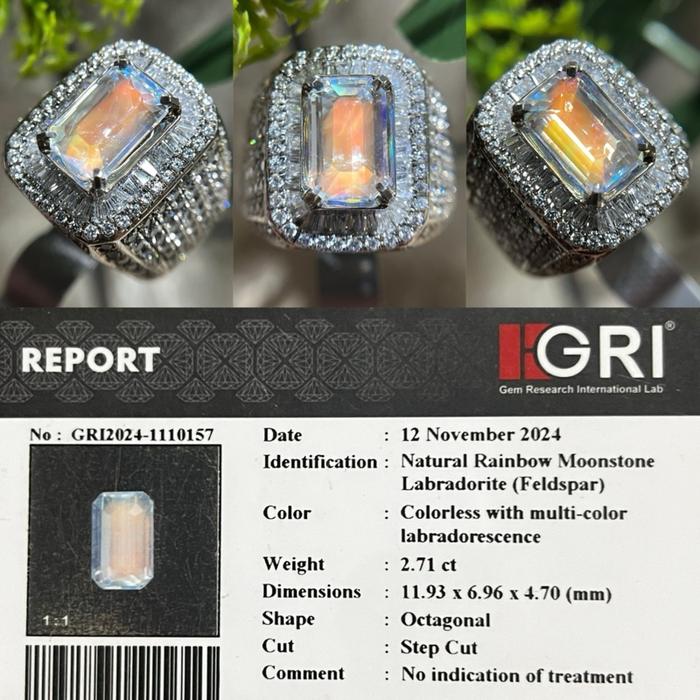 2.71ct natural rainbow moonstone r memo Gri ring perak microsetting tapper