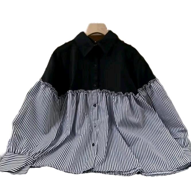 Atasan kemeja bahan crinkle kombinasi rayon salur atasan remaja terbaru ukuran M, L, XL