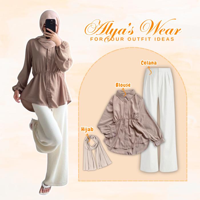 One Set Alya 3 in 1 / Setelan Wanita Kekinian / Atasan Terbaru Blouse Crinkle Airflow dan Celana Pan