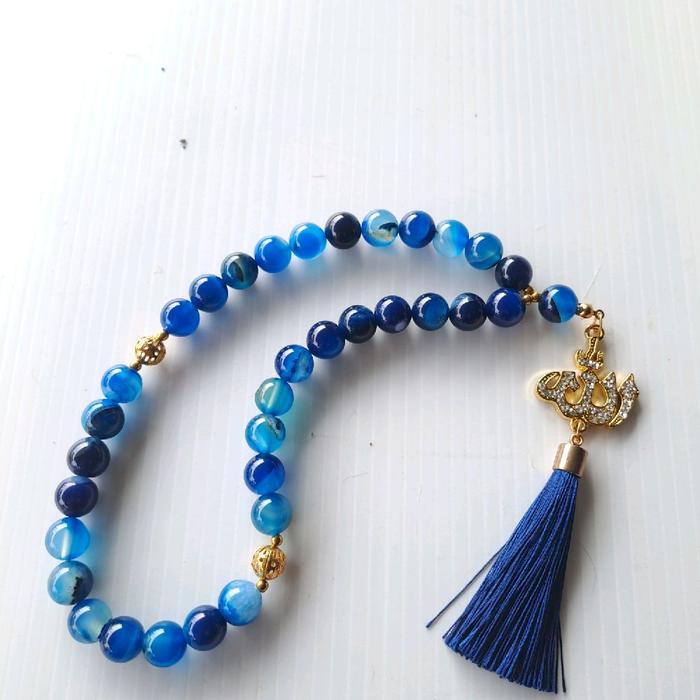 TASBIH BATU NATURAL BLUE SAFIR JUMBO 10MM 33BUTIR LAFADZ ALLAH RUMBAI