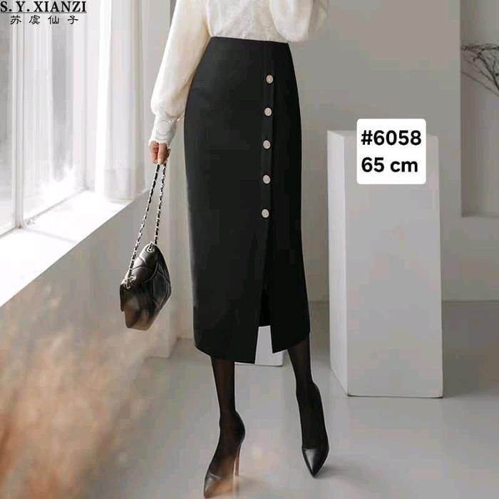 Skirt Midi 6058 Rok Span Slit  Bahan katun wedges stretch 65cm bagus