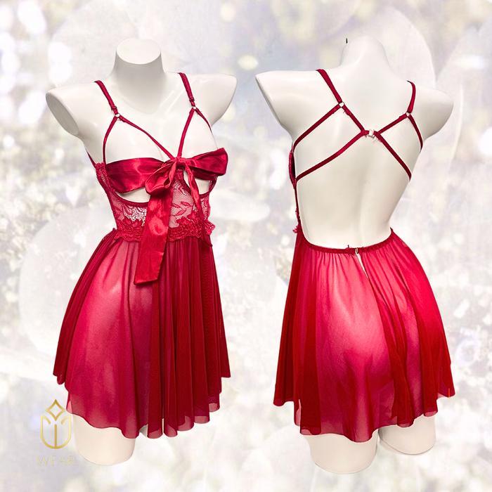 Lingerie Dress Alexa / Baju Tidur Renda Malam Wanita Transparan Ada Pita Di Dada Daster Satin