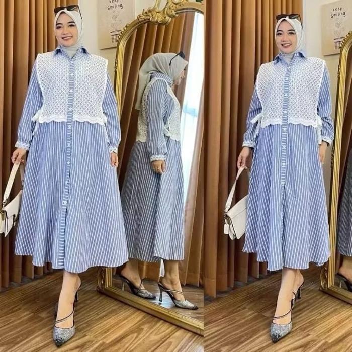 SPECIAL ￼MUSLIM STYLE FASHION TERBARU | MIDI DRES SALUR KOMBINASI BRUKAT | MIDI DRESS WANITA KEKINIA