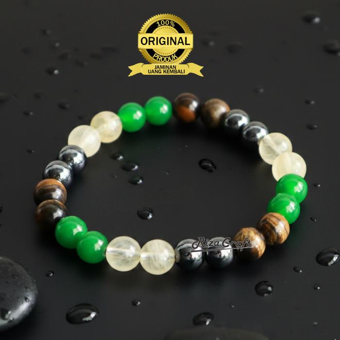 THE WEALTH Gelang Aesthetic Batu Alam Akik Kristal Giok Hijau Citrine Emas Kuning Tiger Eye Badar Be