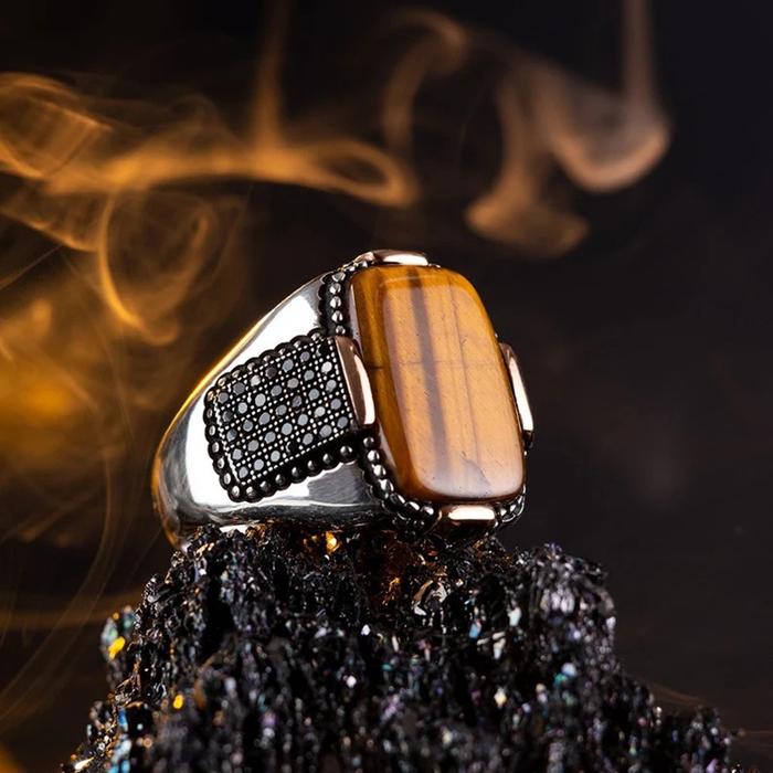Cincin Jari Kristal Zirkon Hitam Mata Harimau Baja Titanium Emas Mawar Perak Antik Aksesori Fashion 