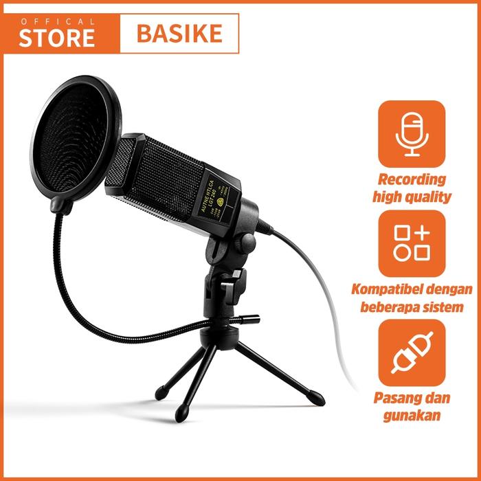 (HOT) BASIKE Microphone Condenser Audio Portable with Tripod Stand & Pop Filter FOR LIVE RECORDING