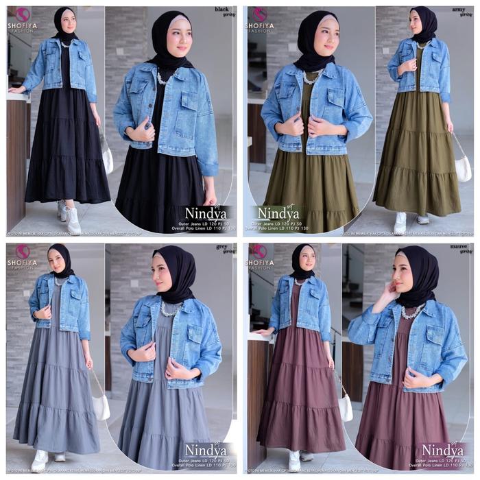 Nindya set by SHOFIYA FASHION (oneset setelan inner dress polos bahan polo linen, zipper depan, oute