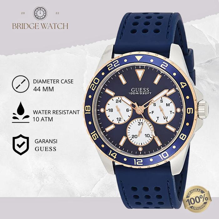 Jam Tangan Pria Guess Analog Odyssey W1108G4 Chronograph Navy Blue Rubber Sporty Casual Original