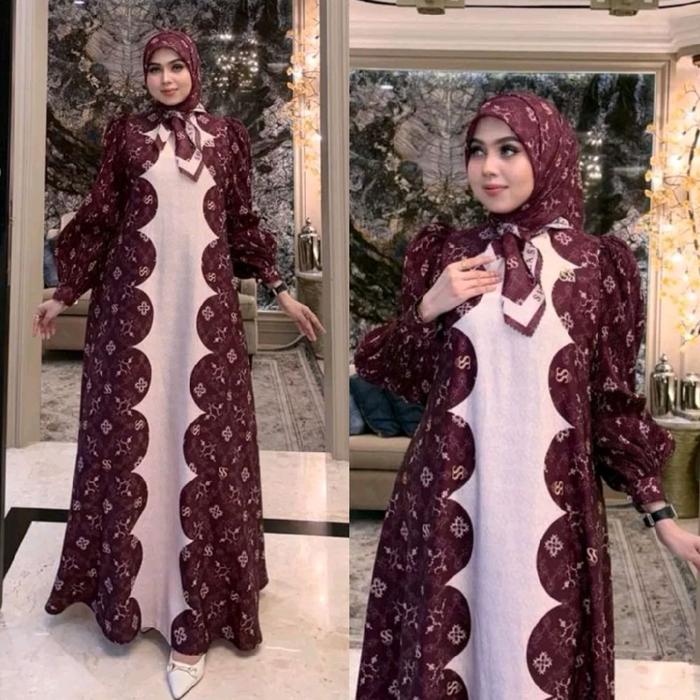 SHELLASAUKIA ORIGINAL Gamis Set Hijab Printing Shellasaukia Terbaru Di Jamin Original 100% Set Hijab