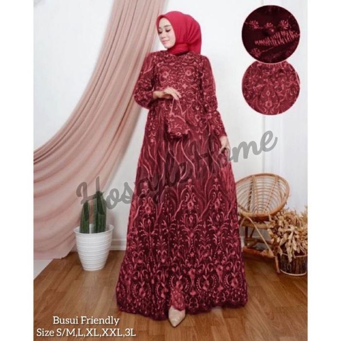 (New) Lestya - Baju Dress Gamis Full Brukat Brokat Busui Free Masker Tali Obi Wanita Muslim Ukuran S