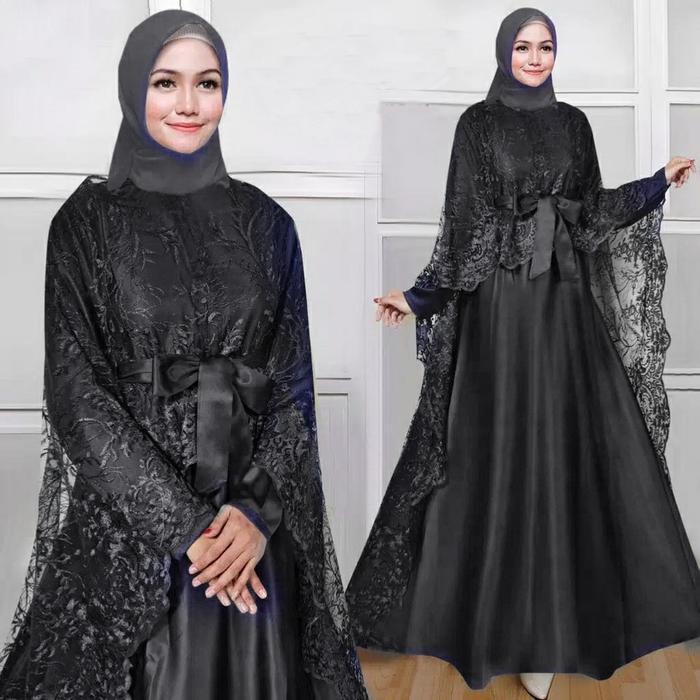 ARELINA hitam gamis pesta premium satin brokat tile ami ktf