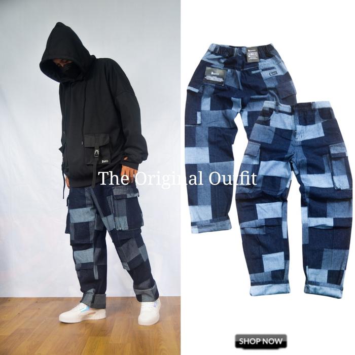 Cargo Jeans Denim Stretch Two Tone Stitiching Terbaru Kualitas Premium Streetwear Pria Celana