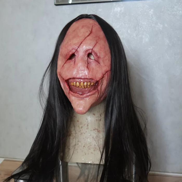 Halloween Horror Long Hair Devil Mask Red Face Devil Mask Toothed Devil Latex Long Hair Mask Theme P