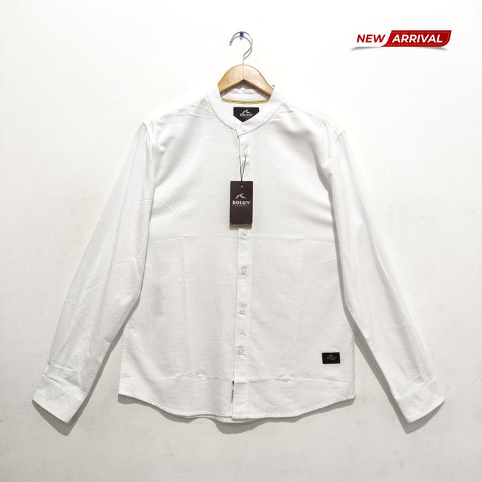 ROLUN Kemeja Casual Pria Polos Slim Fit Putih Lengan Panjang RLKK451323