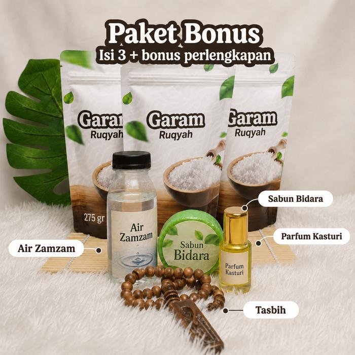 Paket Garam Mandi Ruqyah 275 Gram Isi 3 Bonus Parfum Kasturi, Air Zamzam, Tasbih, dan Sabun Bidara
