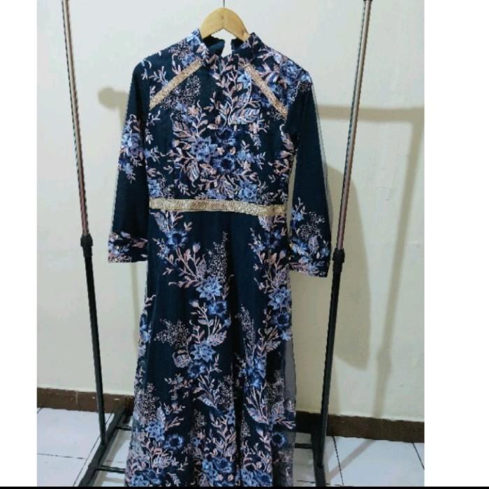 Gamis Muslim wanita Pesta mewah bordir brukat biru Dongker Shanghai