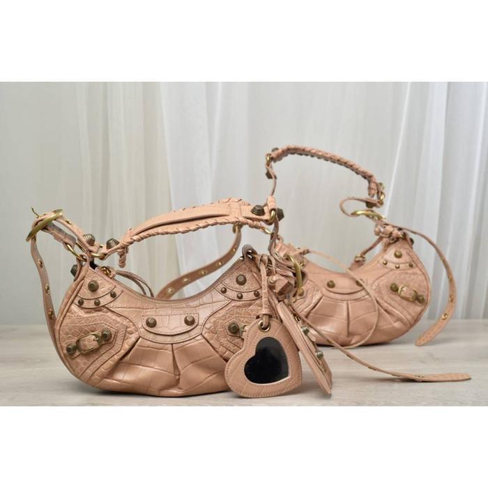 BALENCIAGA LE CAGOLE XS BEIGE CROCO EFFECT LEATHER GHW