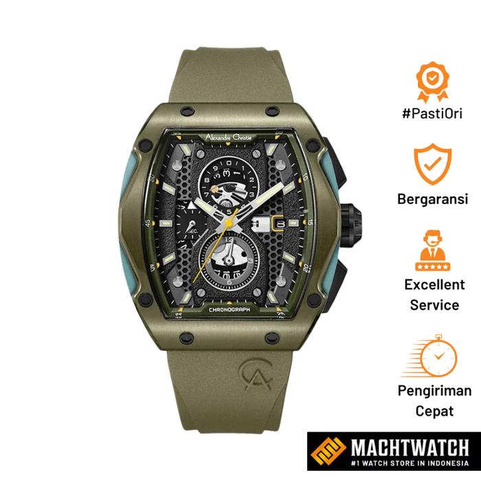 JAM TANGAN PRIA ALEXANDRE CHRISTIE AC 6608 MC RGABA��CHRONOGRAPH MEN BLACK DIAL GREEN RUBBER STRAP