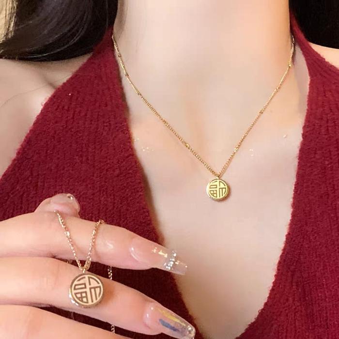 [COD] Kalung Titanium Wanita Liontin Koin Cina Mewah Dan Elegan Kalung Anti Karat Tidak Luntur Cocok